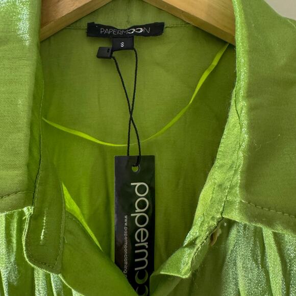 PAPERMOON Neon Lime Green Crinkle Shirt | Shiny Textured Short Sleeve Y2K Blouse - Picture 2 of 5